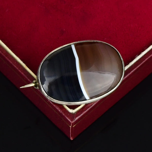 Antique Victorian Silver Scottish Banded Agate Brooch