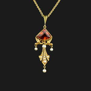 14K Gold Art Nouveau Madeira Citrine Pearl Lavaliere Necklace - Boylerpf