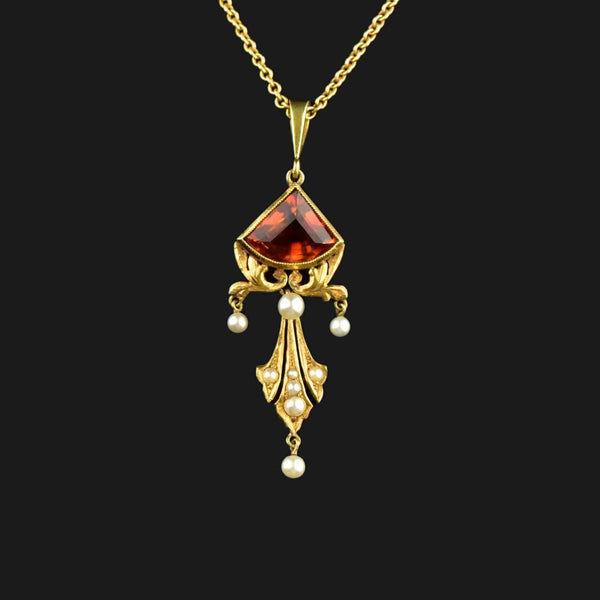 14K Gold Art Nouveau Madeira Citrine Pearl Lavaliere Necklace - Boylerpf
