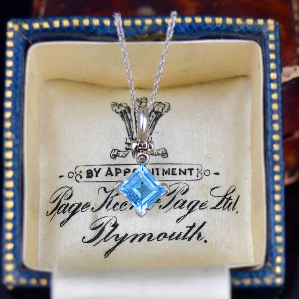 Vintage 10K White Gold Diamond Blue Topaz Pendant Necklace - Boylerpf