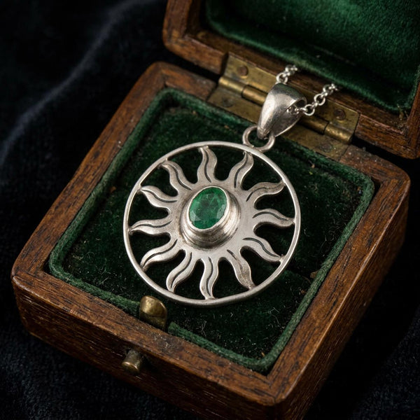 Vintage Emerald Sterling Silver Sun Pendant Necklace
