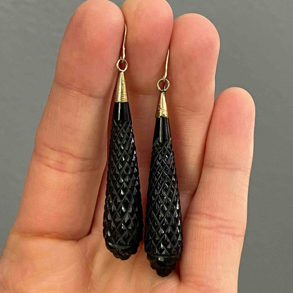 Antique Victorian Gold Carved Whitby Jet Earrings - Boylerpf