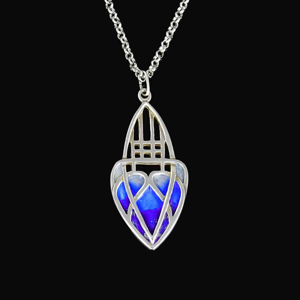 Antique Art Nouveau Silver Blue Enamel Heart Pendant Necklace - Boylerpf