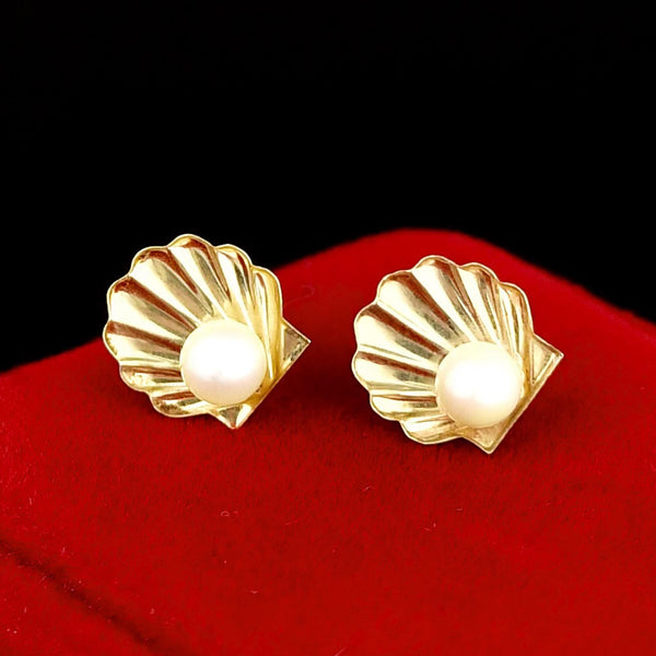 Vintage Pearl 9K Gold Scallop Shell Stud Earrings - Boylerpf