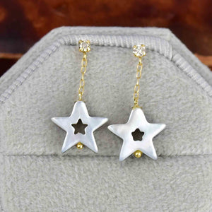 Vintage 18K Gold Diamond Mother of Pearl Star Drop Earrings - Boylerpf