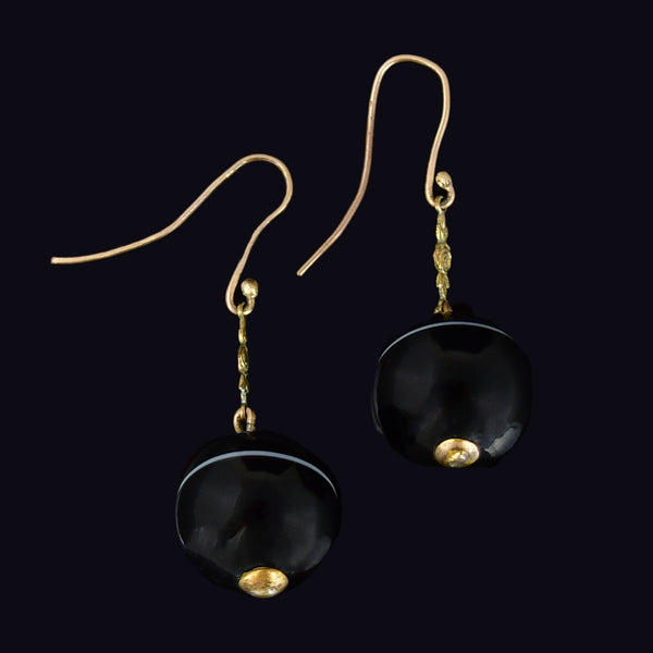 Antique Gold Rose Banded Agate Ball Drop Earrings