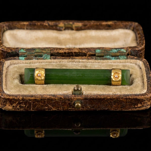 Antique Jade 9K Gold Forget Me Not Bar Brooch