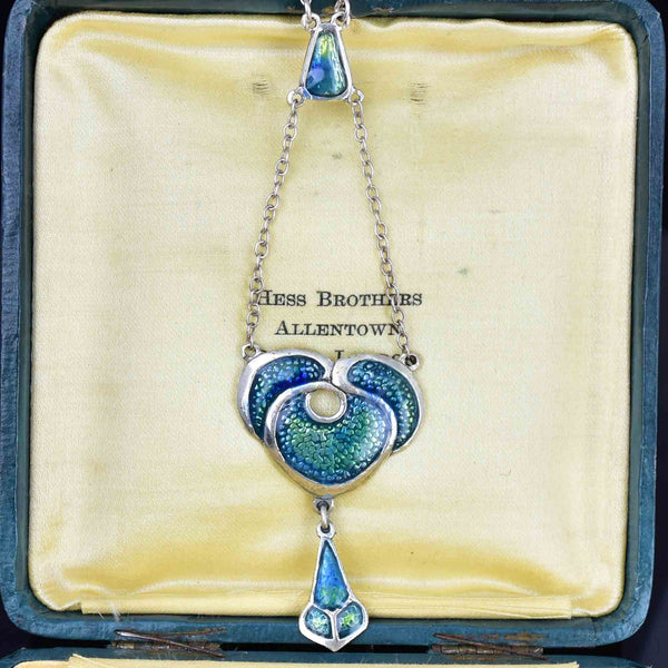 Vintage Art Nouveau Style Silver Enamel Drop Pendant Necklace - Boylerpf