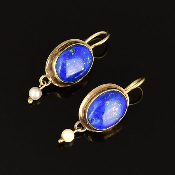 Vintage 9K Gold Lapis Lazuli Pearl Drop Earrings