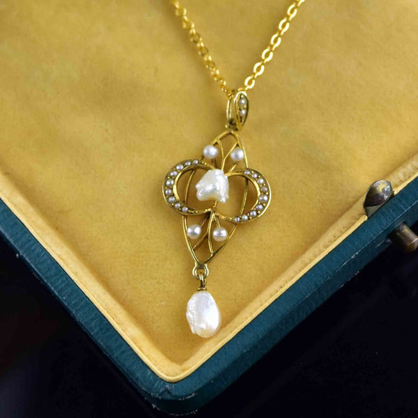 Antique 14K Gold Fresh Water Pearl Lavalier Necklace - Boylerpf
