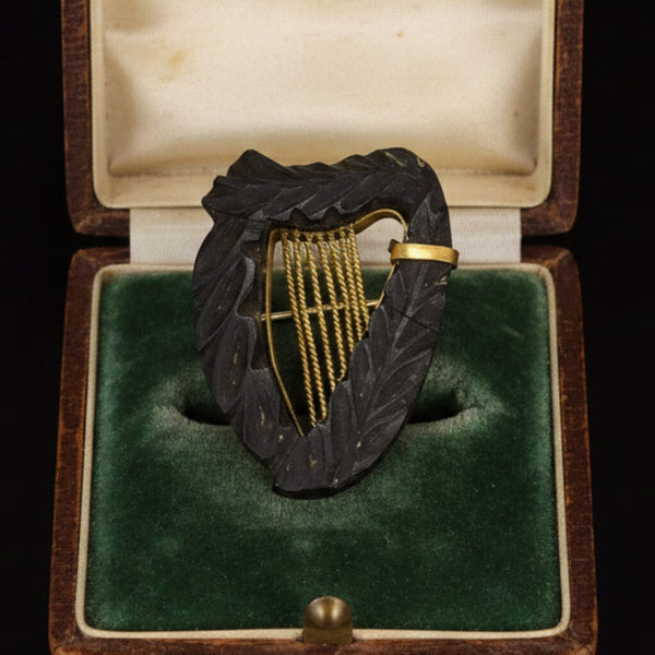 Antique Victorian Carved Irish Bog Oak Harp Brooch