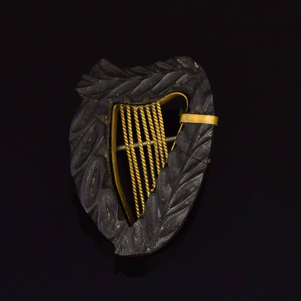 Antique Victorian Carved Irish Bog Oak Harp Brooch