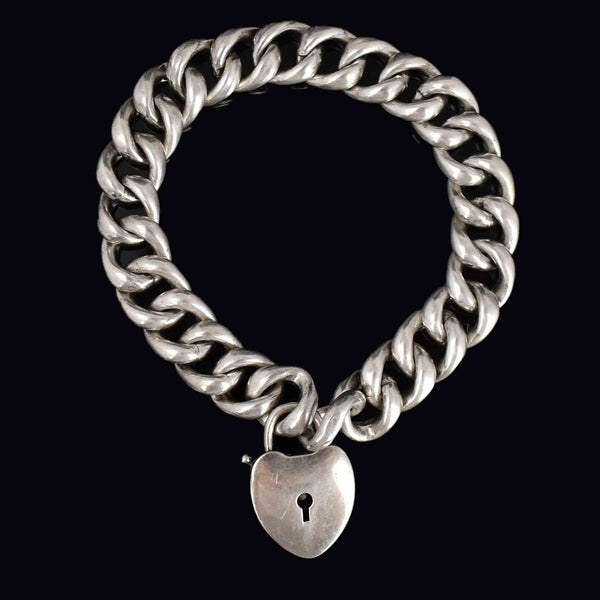 Antique Silver Heart Padlock Curb Chain Victorian Bracelet - Boylerpf