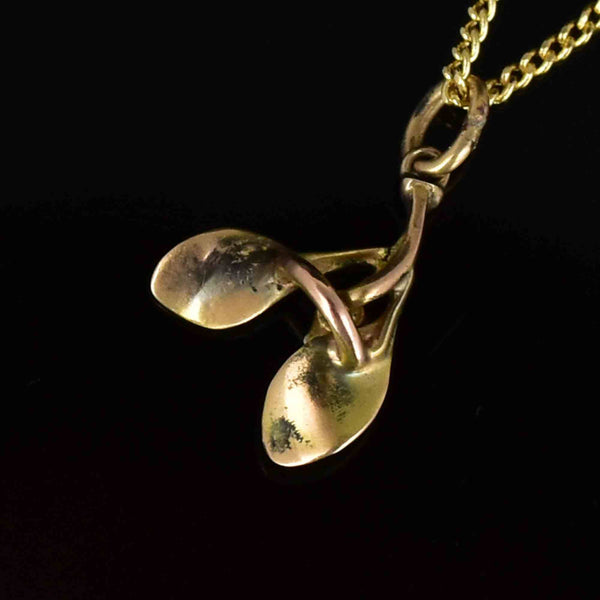 14K Gold Diamond Green Enamel Mistletoe Leaf Pendant Necklace - Boylerpf