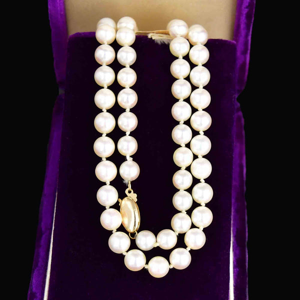 Vintage 14K Gold Hand Knotted 6mm White Pearl Necklace - Boylerpf