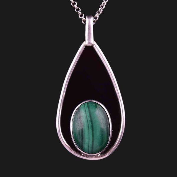 Vintage Sterling Silver Malachite Pendant Necklace - Boylerpf