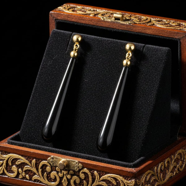 Vintage 10K Gold Ball Onyx Teardrop Dangle Earrings