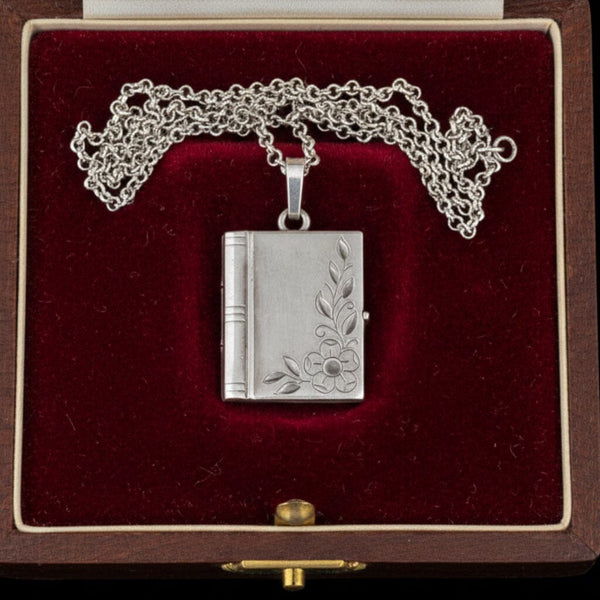 Vintage Forget Me Not Sterling Silver Book Locket Necklace