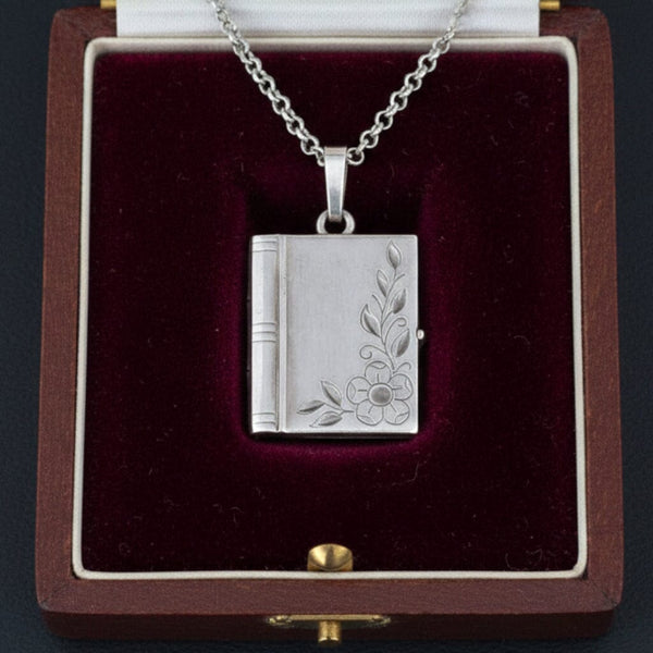 Vintage Forget Me Not Sterling Silver Book Locket Necklace