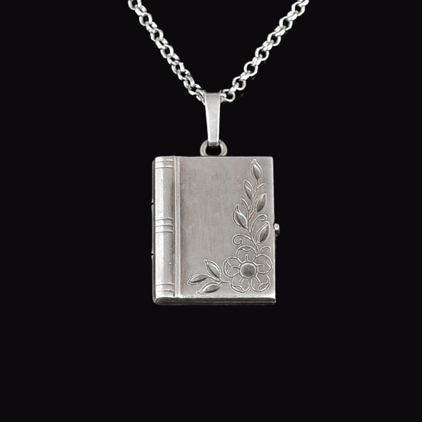 Vintage Forget Me Not Sterling Silver Book Locket Necklace