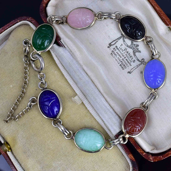 Vintage Multi Gemstone Egyptian Beetle Bug Scarab Bracelet - Boylerpf