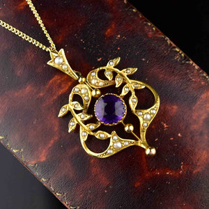 Antique Art Nouveau Gold Amethyst Lavaliere Necklace - Boylerpf