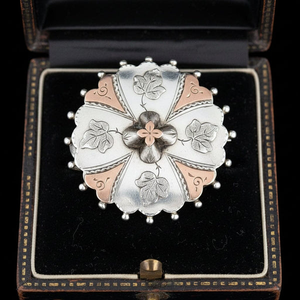 Antique Victorian Edwards & Ball Silver Rose Gold Memorial Brooch - Boylerpf