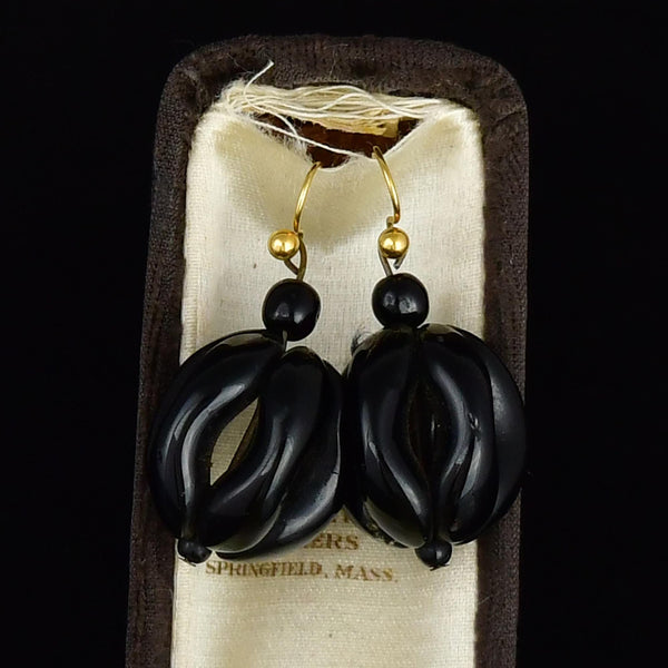 9K Gold Antique Victorian Whitby Jet Ball Earrings