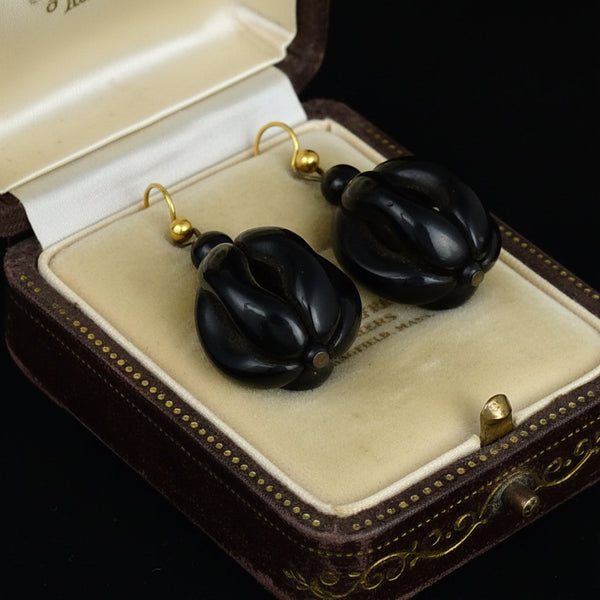 9K Gold Antique Victorian Whitby Jet Ball Earrings