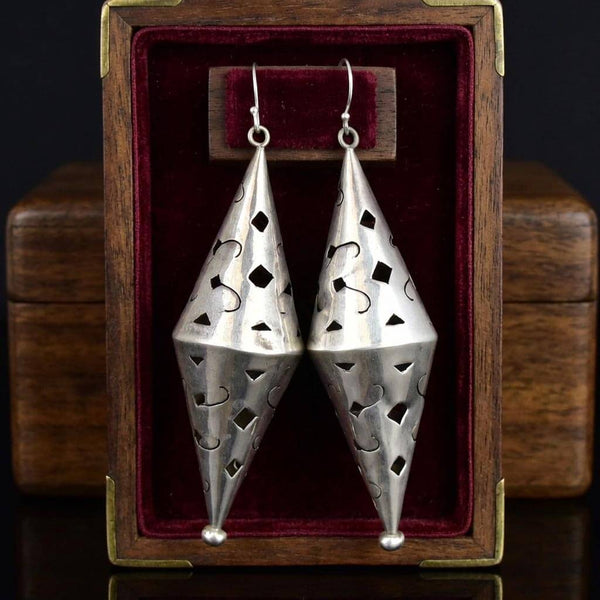 Vintage 3 Inch Sterling Silver Double Cone Cutout Earrings
