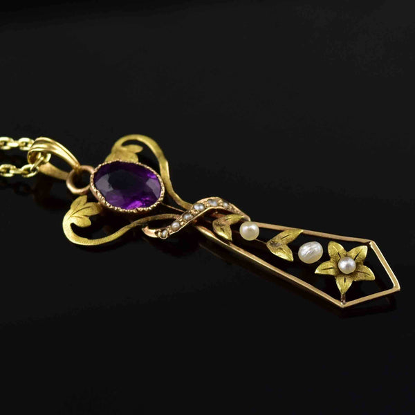 Antique Art Nouveau Gold Amethyst Pearl Cross Lavaliere Necklace - Boylerpf