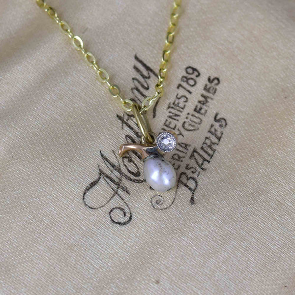 Antique Edwardian 14K Gold Diamond Pearl Charm Pendant Necklace - Boylerpf