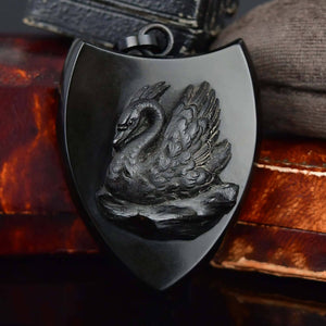 Antique Victorian Carved Vulcanite Swan Shield Locket - Boylerpf