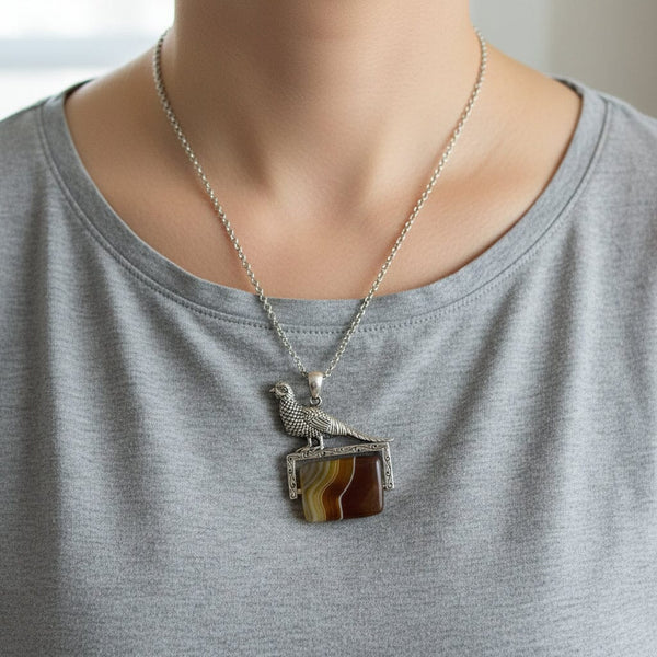Sterling Silver Pheasant Banded Agate Spinner Fob Necklace