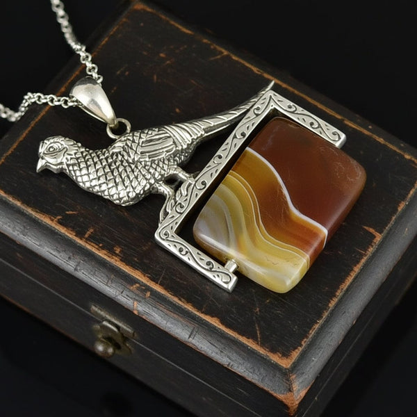 Sterling Silver Pheasant Banded Agate Spinner Fob Necklace