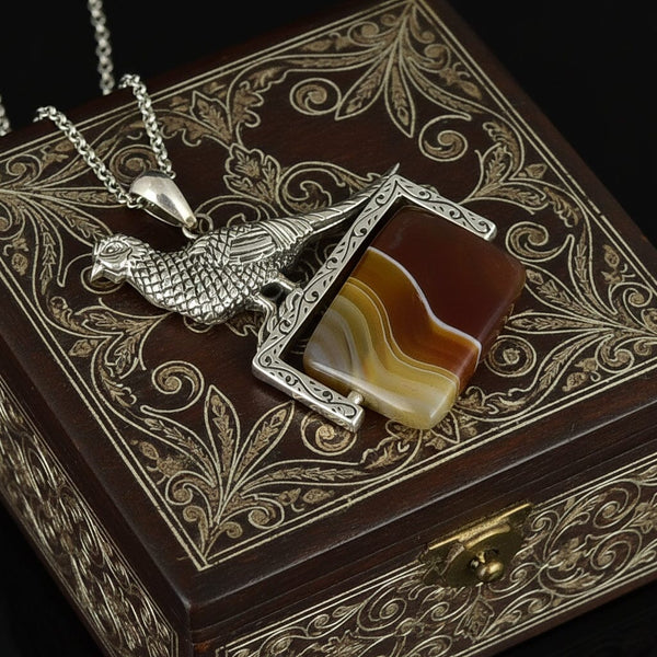 Sterling Silver Pheasant Banded Agate Spinner Fob Necklace
