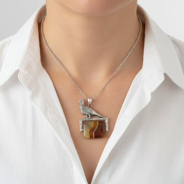 Sterling Silver Pheasant Banded Agate Spinner Fob Necklace