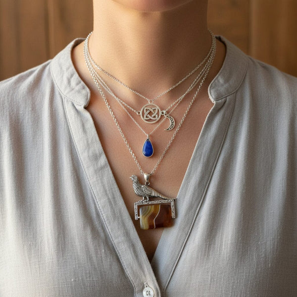 Sterling Silver Pheasant Banded Agate Spinner Fob Necklace