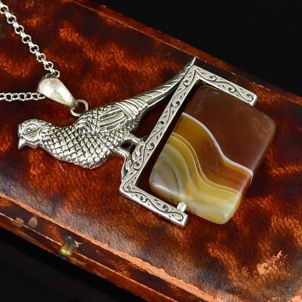 Sterling Silver Pheasant Banded Agate Spinner Fob Necklace