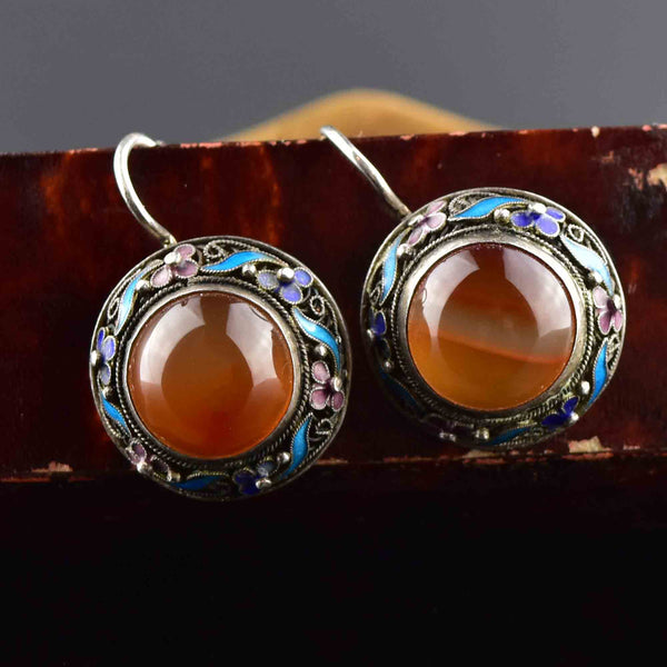 Vintage Carnelian Banded Agate Enamel Earrings - Boylerpf