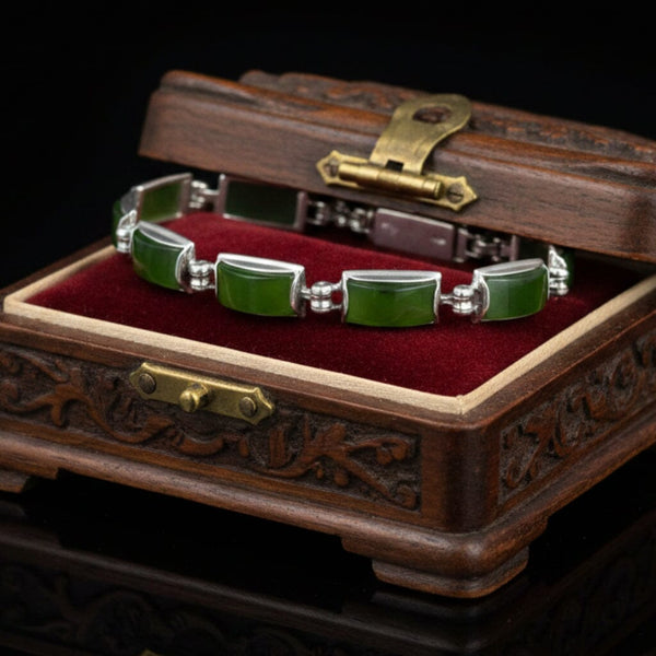 Vintage Sterling Silver Green Agate Hinged Link Bracelet