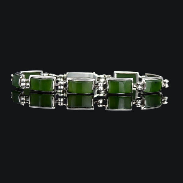 Vintage Sterling Silver Green Agate Hinged Link Bracelet