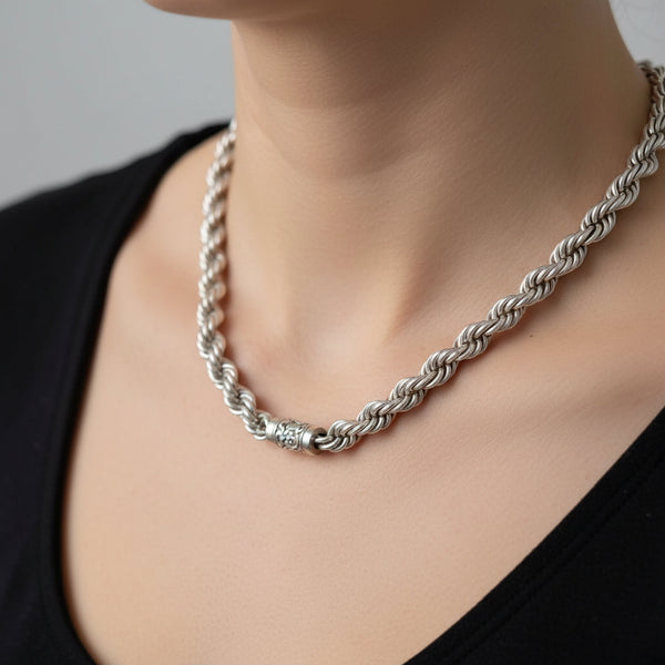 Antique Heavy Sterling Silver Twisted Rope Chain Necklace - Boylerpf