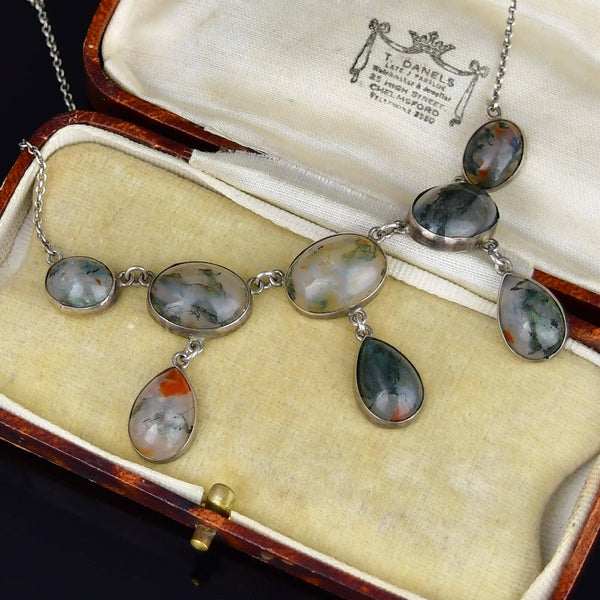 Silver Art Deco Scottish Dendritic Moss Agate Fringe Necklace - Boylerpf