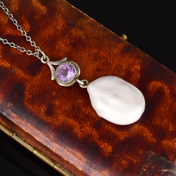 Antique Sterling Silver Amethyst Baroque Pearl Necklace