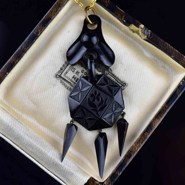 Antique Victorian Carved Whitby Jet Forget Me Not Pendant Necklace - Boylerpf