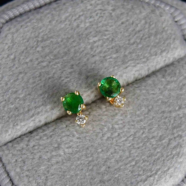 Vintage 14K Gold Diamond Emerald Stud Post Earrings - Boylerpf