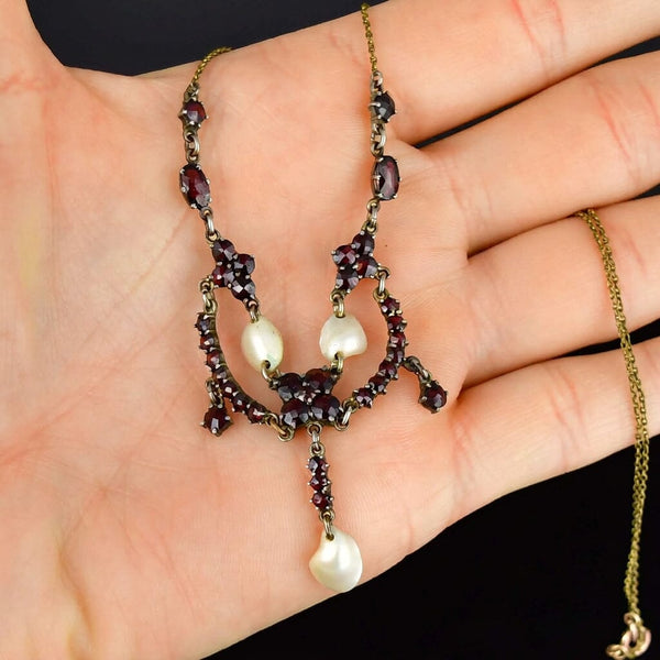 Antique Bohemian Garnet Pearl Victorian Necklace
