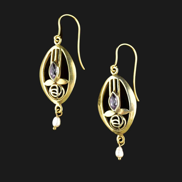 Vintage Arts and Crafts Style Amethyst Pearl Earrings - Boylerpf