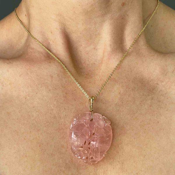 Vintage 14K Gold Carved Rose Quartz Pendant Necklace - Boylerpf